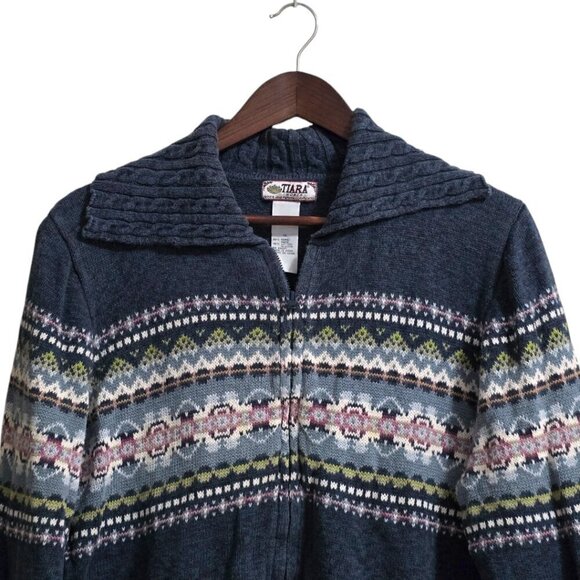Tiara Woman Vintage Blue Fair Isle Ramie Blend Zip Front Sweater Sz 1X - Picture 3 of 8